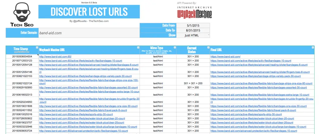 Discover Lost URLs Spreadsheet