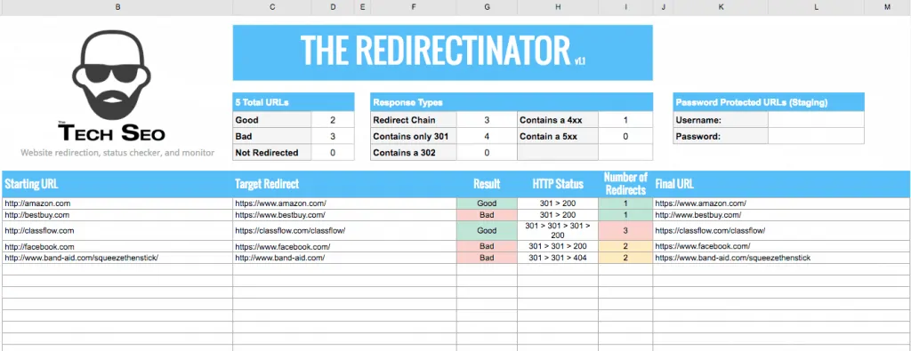 A URL Redirect Monitoring Spreadsheet by the Tech SEO